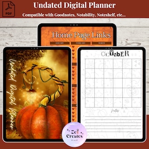 Op de afbeelding: Digitale planner met een pompoenthema. De planner bevat een Home Page Links-sectie en een kalenderpagina voor oktober. De omslag toont een pompoen met een lantaarn. De tekst luidt "Undated Digital Planner".