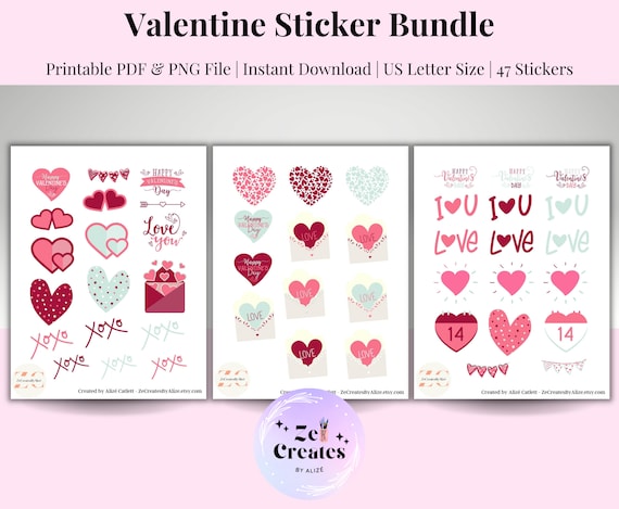 Printable Valentine's Day Sticker Sheet Bundle, Valentine's Planner  Stickers, Heart Stickers for Kids, Love Stickers, Cute Digital Stickers 