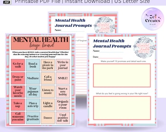 Journal Prompts for Mental Health, Self-Love Journal Prompts, Writing Prompts, Mental Health Bingo Game, Mental Wellness Journal Prompts