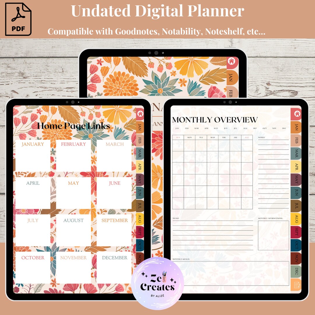 Floral Undated Digital Planner, Printable Planner, iPad Digital Planner ...