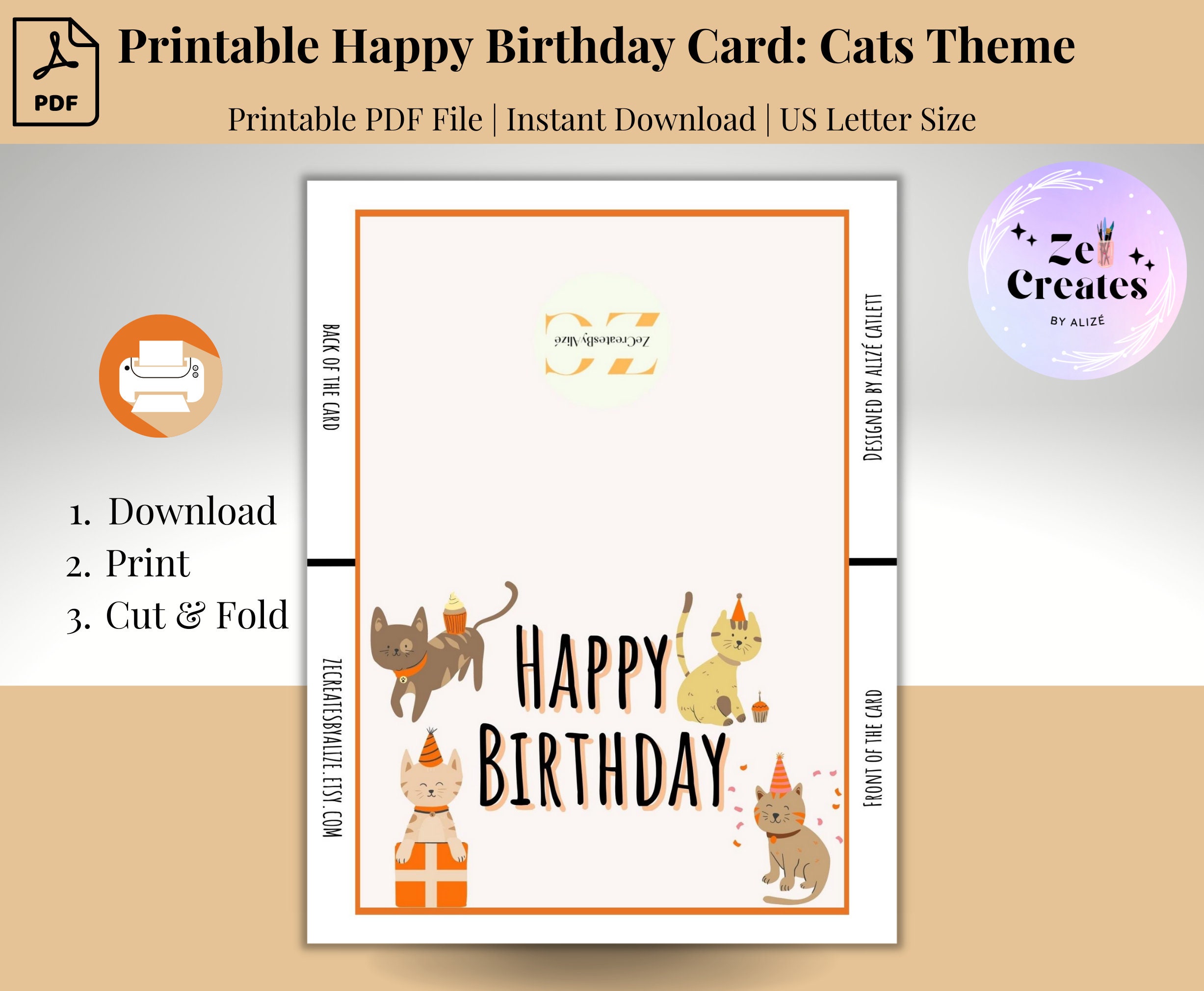 Printable Happy Birthday Greeting Card Instant Download 7x5 Inch Cards ...