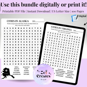 100 Page Printable Word Search Bundle, Word Search Puzzles for Kids and Adults, Printable Puzzle Pages, Instant Download PDF