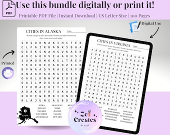 100 Page Printable Word Search Bundle, Word Search Puzzles for Kids and Adults, Printable Puzzle Pages, Instant Download PDF
