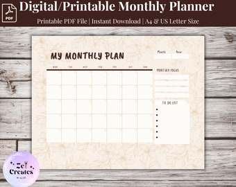 Printable Monthly Calendar, Undated Monthly Planner, Monthly Organizer, Monthly Agenda, Landscape Monthly Calendar, Floral Monthly Planner