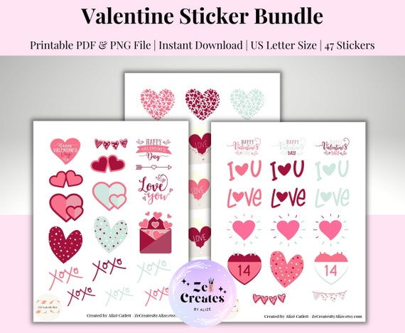 Printable Valentine's Day Sticker Sheet Bundle, Valentine's