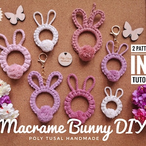 Pink macrame rabbits pendants in different sizes at cork board, next to flowers. White Macrame Bunny DIY Title. 2 patterns in 1 tutorial title on the right. Digital PDF in the left top corner.