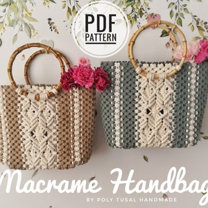 Motif de sac à main en macramé Tutoriel PDF pour le panier d'été Comment fabriquer un sac de plage avec des poignées en bambou Bricolage bohème artisanal Masterclass Poly Tusal image 1