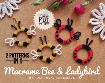 Patrón de llavero de macramé con abeja y mariquita: Insectos de jardín para principiantes (Tutorial en PDF)