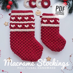 May include: Two red and white crocheted Christmas stockings with a heart pattern. The stockings are hanging on a white background with a garland of red beads and a sign that says "PDF TUTORIAL".