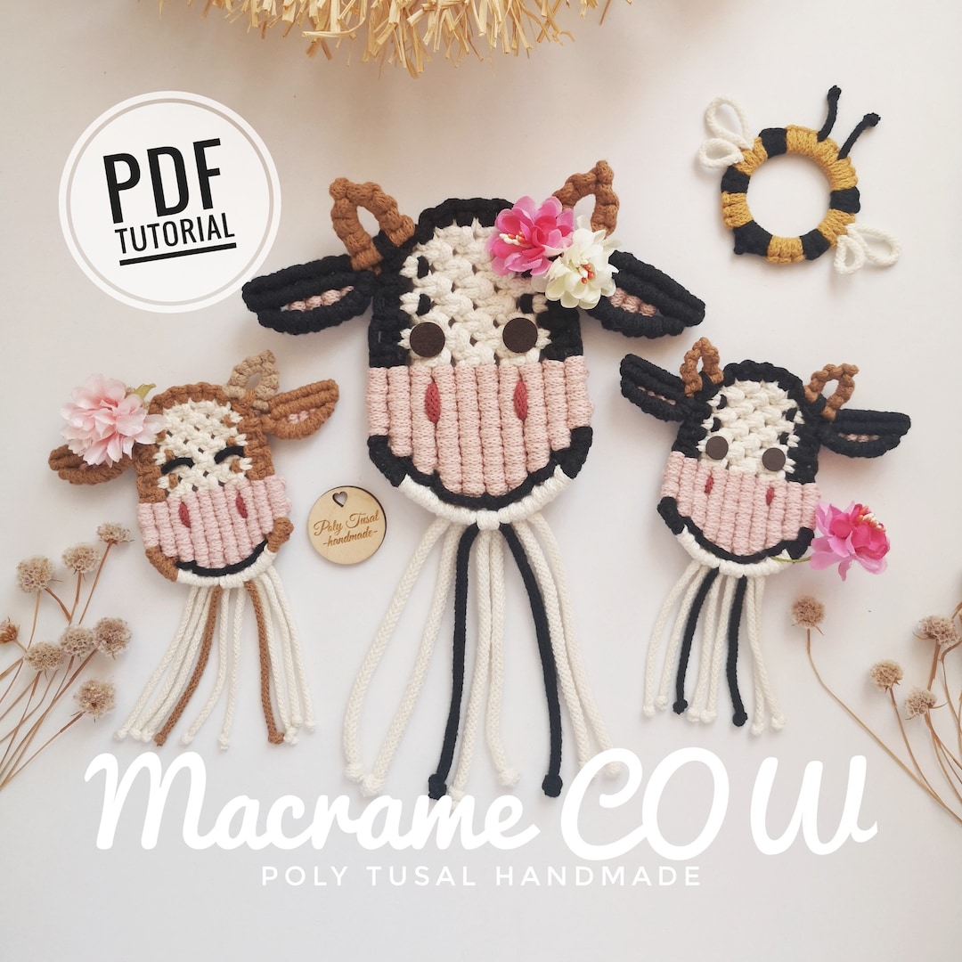 Macrame Cow PDF Pattern Tutorial Bull Craft Farm Animal DIY Decor Step