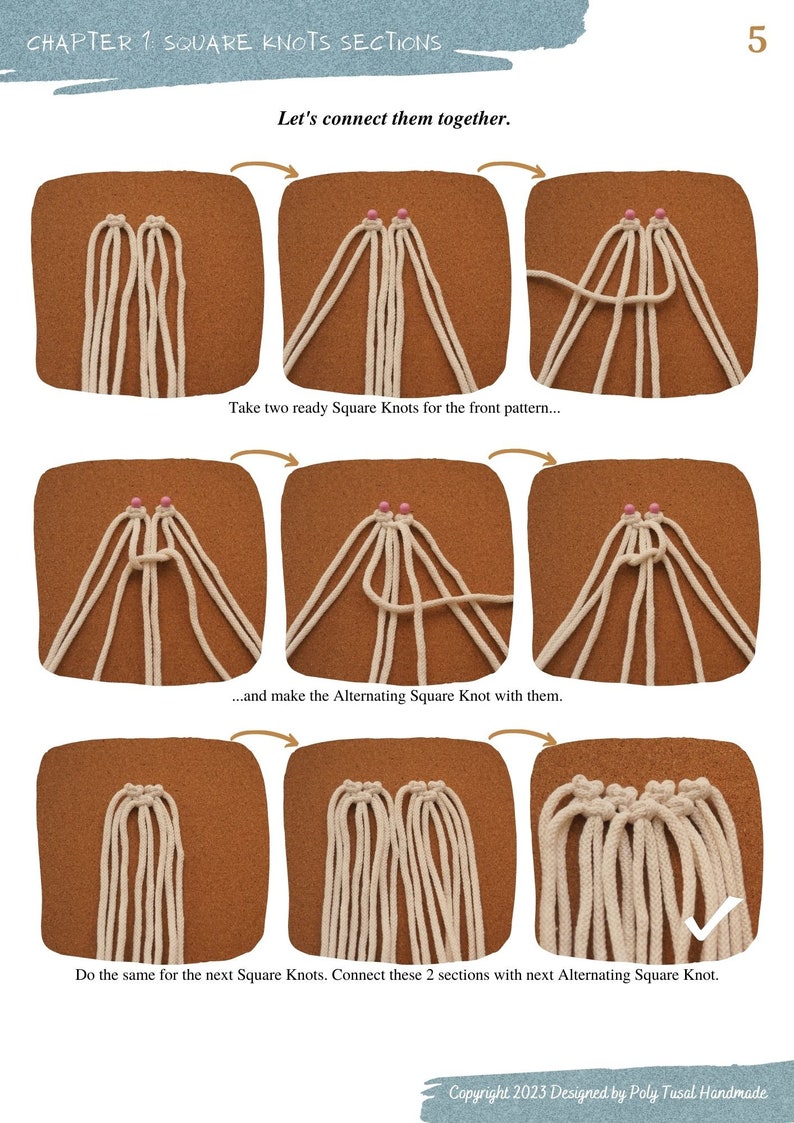 Motif de sac à main en macramé Tutoriel PDF pour le panier d'été Comment fabriquer un sac de plage avec des poignées en bambou Bricolage bohème artisanal Masterclass Poly Tusal image 6