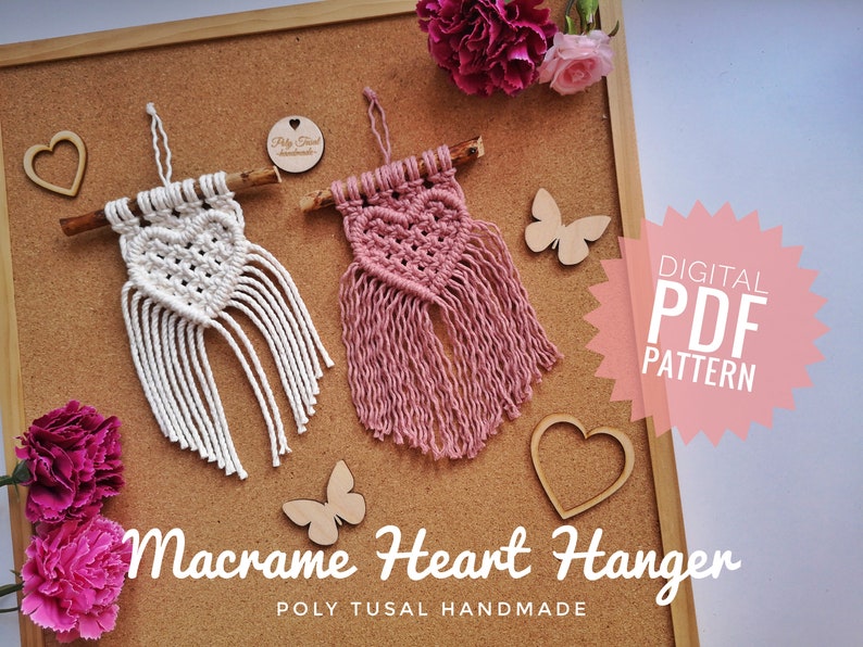 Tutorial PDF Macrame Heart Hanger Valentines Pattern Wedding love decoration DIY Car charm Poly Tusal Step by step digital guide image 1