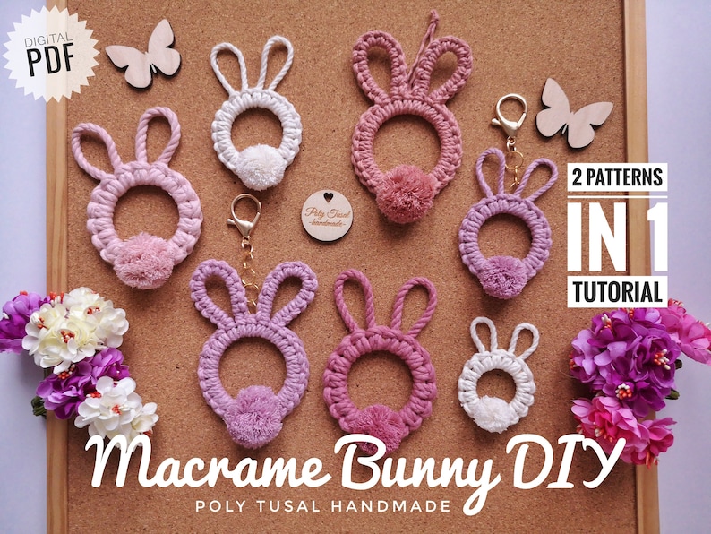 Pink macrame rabbits pendants in different sizes at cork board, next to flowers. White Macrame Bunny DIY Title. 2 patterns in 1 tutorial title on the right. Digital PDF in the left top corner.