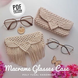 Tutorial em PDF para estojo de óculos de macramê, molde faça você mesmo para porta-canetas com aba, Como fazer bolsa boho com coração, Guia digital para carteira Poly Tusal