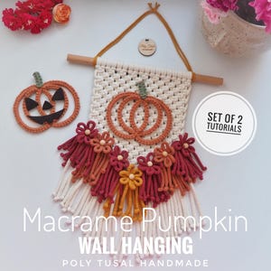 Puede incluir: Un tapiz de pared de macramé con forma de calabaza con dos tutoriales. El tapiz presenta un diseño de macramé blanco y crema con una forma de calabaza en el centro. La calabaza está hecha de hilo marrón y tiene un tallo. El tapiz está decorado con borlas en tonos rojos, naranjas y amarillos.