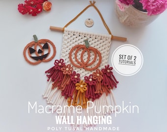 Macrame Pumpkin Wall Hanging PDF Tutorial, Set of 2 patterns Pumpkin + Photo Hanger, Halloween Decoration DIY, Step by step Poly Tusal Guide