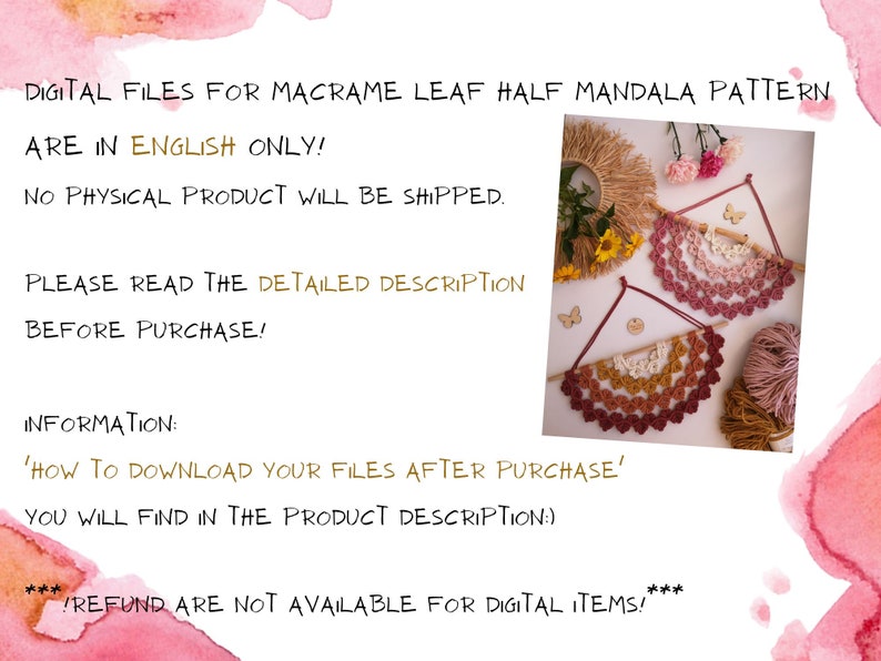 Main information about DIgital Files of Macrame Leaf Half Mandala Pattern by Poly Tusal Handmade with picture of 2 mandalas in pink and warm colors laying on the white table next to yellow and pink flowers.
