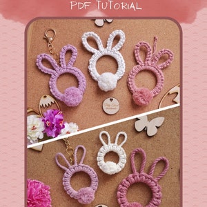 First page of tutorial for Macrame Bunny Pendant by Poly Tusal Handmade. Macrame Easter pink rabbits in different sizes at cork desk.
