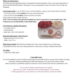 Op de afbeelding: Een pagina uit een macrame hart-bladwijzerpatroon tutorial. De pagina bevat een lijst met benodigde materialen, instructies en een copyright-opmerking. De tutorial is ontworpen voor beginners en bevat een lijst met knopen die in het patroon worden gebruikt.
