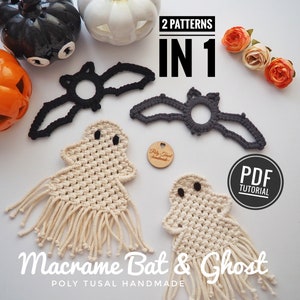 May include: A digital download PDF tutorial for making two macrame Halloween decorations: a bat and a ghost. The tutorial includes two patterns in one. The image shows the finished macrame bat and ghost, along with Halloween-themed props.