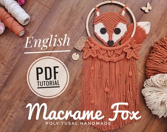 Tutorial em PDF de Macramê com Padrão de Raposa | Faça Você Mesmo um Apanhador de Sonhos com Animais da Floresta | Guia em Inglês para Decoração de Outono | Masterclass Poly Tusal | Download Instantâneo