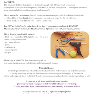 May include: A macrame tutorial page titled "Chapter O: Preparation." It lists knots, cord lengths (8.5m, 20cm), and materials such as scissors, pliers, and hot glue. The image shows crafting tools and instructions for a macrame project.