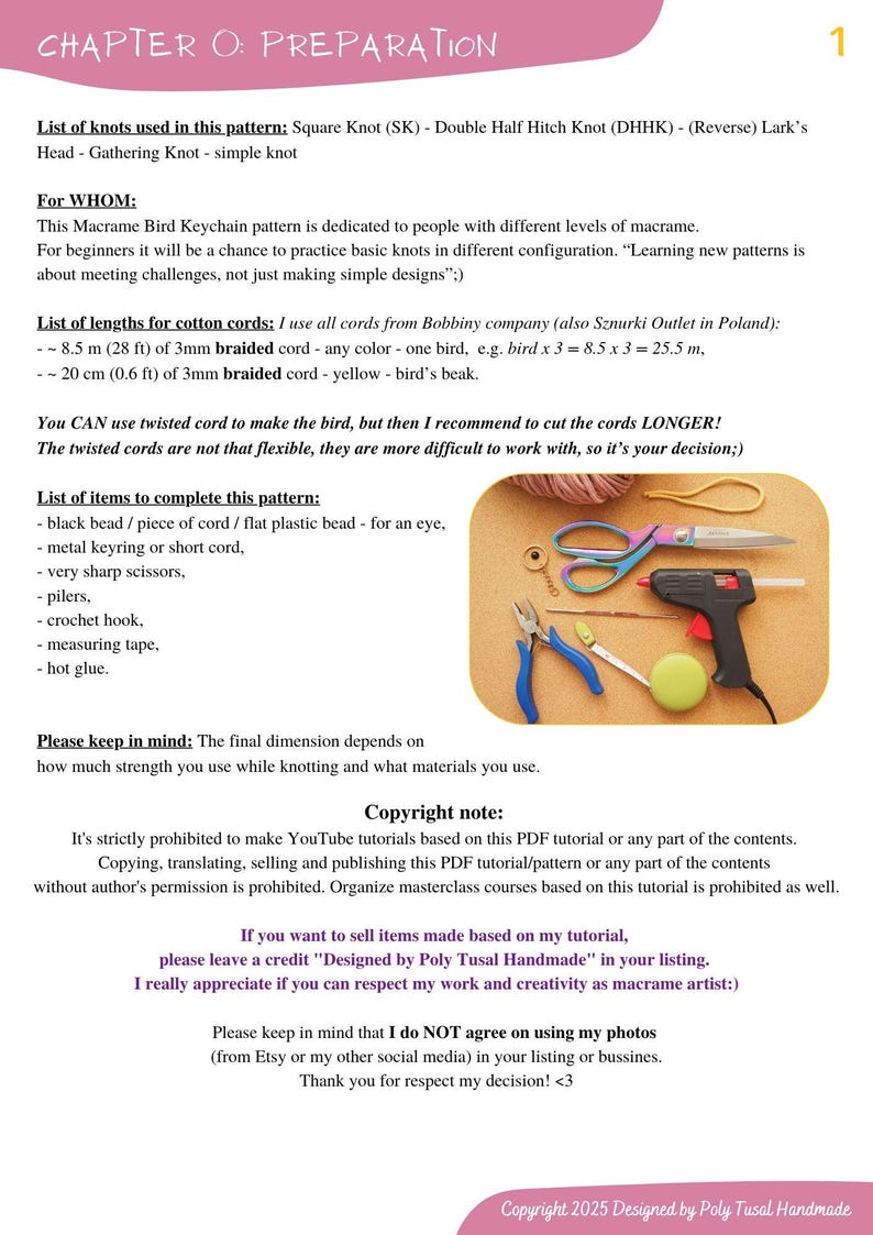 May include: A macrame tutorial page titled "Chapter O: Preparation." It lists knots, cord lengths (8.5m, 20cm), and materials such as scissors, pliers, and hot glue. The image shows crafting tools and instructions for a macrame project.