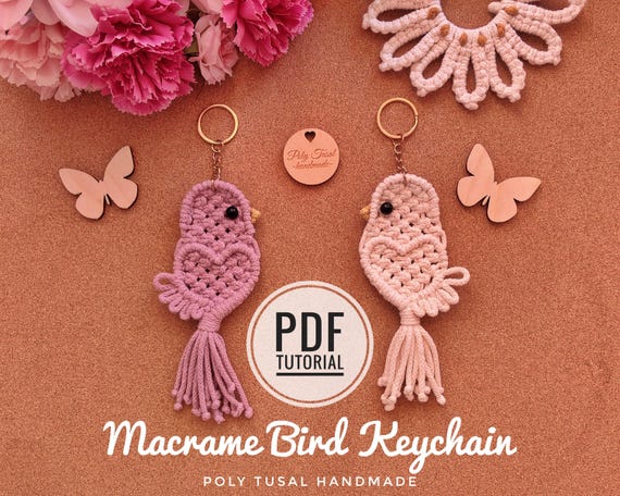 TUTORIAL PDF Macrame Bird Keychain, Owl keyring DIY pattern, Cute Car charm step-by-step guide, How to cotton pendant, Poly Tusal Handmade