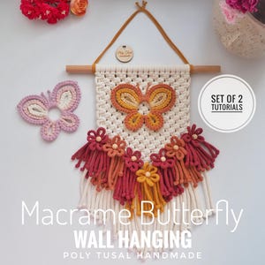 2 個セット、マクラメ バタフライ ウォール ハンギング PDF チュートリアル、バタフライ&フラワー + フォト ホルダー パターン、夏の装飾 DIY、ポリ トゥサル ガイド