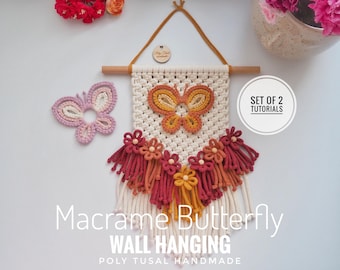 SET of Macrame Patterns, 2in1 Butterfly Wall Hanging PDF Tutorial, Butterfly&Flower + Photo Holder, Summer Decoration DIY, Poly Tusal