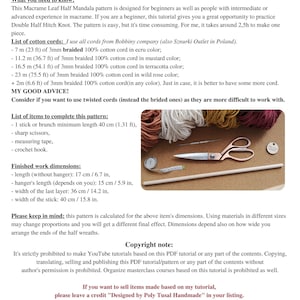 The first page from PDF tutorial with the most important informations and list of materials need for the Macrame Leaf Half Mandala Pattern. In the picture are scisscors, measure tape, wooden stick, cotton cords and crochet hook.