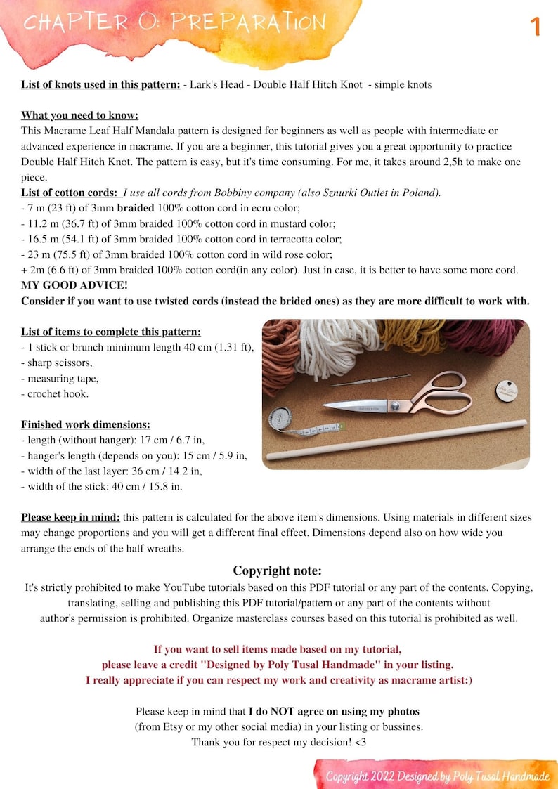 The first page from PDF tutorial with the most important informations and list of materials need for the Macrame Leaf Half Mandala Pattern. In the picture are scisscors, measure tape, wooden stick, cotton cords and crochet hook.