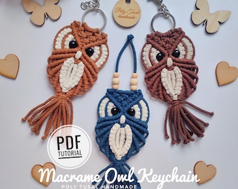Macrame Owl Keychain PDF Pattern, DIY School Pendant tutorial, Step-by-step guide, Poly Tusal masterclass