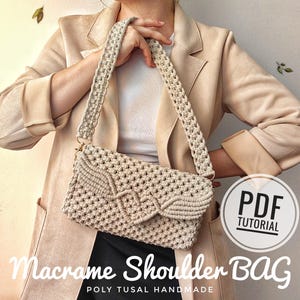 May include: A beige macrame shoulder bag with a PDF tutorial. The bag is made with a thick cord and has a unique design. The bag is being held by a person wearing a beige blazer.