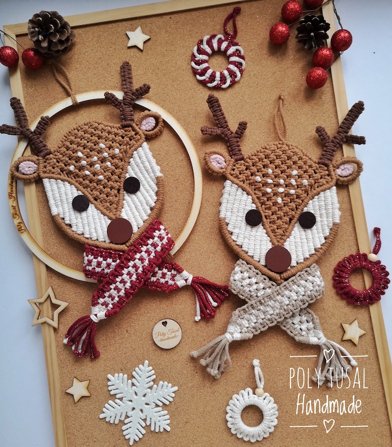 May include: Two brown and white string art reindeer with red and white scarves and brown antlers. The reindeer are hanging on a cork board with other Christmas decorations, including a snowflake, stars, and a red and white wreath.