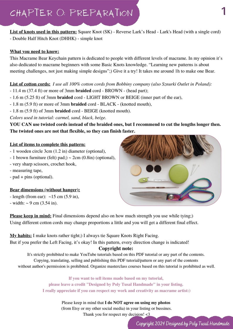 May include: A macrame tutorial page titled "Chapter O: Preparation" with instructions, material lists, and a diagram of tools. Includes measurements in inches and feet. The page features text and a collection of craft supplies.