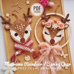 クリスマス マクラメ トナカイ PDF チュートリアル、DIY 春の鹿のパターン、花の工芸品、クリスマス ルドルフ ステップバイステップ ガイド、ポリ トゥサル マスタークラス