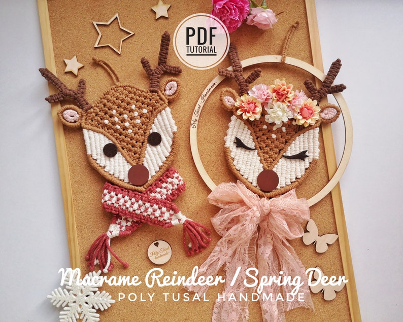 May include: Two macrame reindeer wall hangings, one with a red and white scarf and the other with a floral crown. The text "Macrame Reindeer / Spring Deer POLY TUSAL HANDMADE" is below the hangings.
