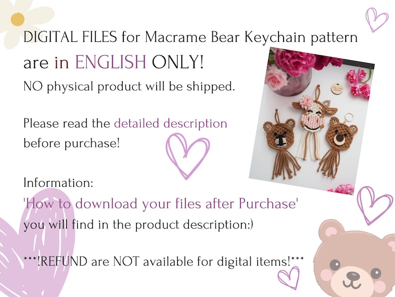 May include: Image features a macrame bear keychain pattern. The text states that the digital files are in English only and no physical product will be shipped. The image shows three handmade macrame keychains: a bear, a cow, and another bear.