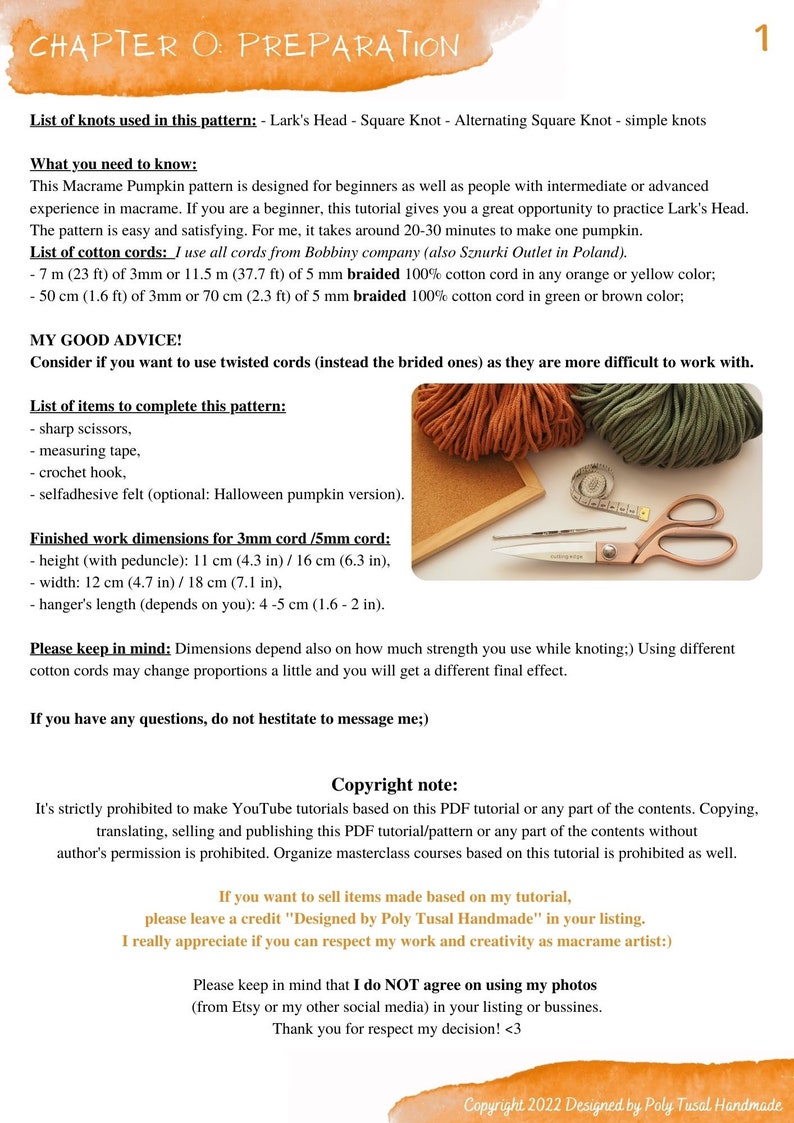 May include: A page from a macrame pumpkin pattern tutorial. The page includes a list of knots, materials, and instructions. The page also includes a copyright notice.