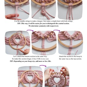 May include: A step-by-step guide on how to connect a macrame heart to a wooden hoop. The image shows the process of attaching the strings to the hoop and creating a simple knot. The text in the image reads "Chapter 3 Connecting with the Hoop" and "Simple Knot".