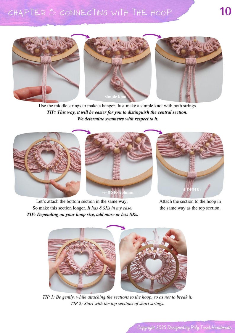 May include: A step-by-step guide on how to connect a macrame heart to a wooden hoop. The image shows the process of attaching the strings to the hoop and creating a simple knot. The text in the image reads "Chapter 3 Connecting with the Hoop" and "Simple Knot".