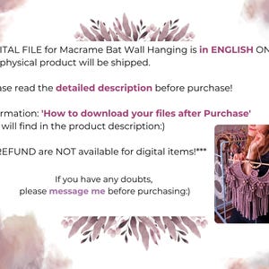 Pode incluir: Arquivo digital para um pendurador de parede de morcego em macram&ecirc;. A imagem inclui texto sobre o produto digital, incluindo instru&ccedil;&otilde;es de download e informa&ccedil;&otilde;es de reembolso. Uma pequena imagem mostra um close-up de um pendurador de parede de morcego em macram&ecirc;.