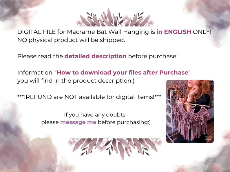 Pode incluir: Arquivo digital para um pendurador de parede de morcego em macram&ecirc;. A imagem inclui texto sobre o produto digital, incluindo instru&ccedil;&otilde;es de download e informa&ccedil;&otilde;es de reembolso. Uma pequena imagem mostra um close-up de um pendurador de parede de morcego em macram&ecirc;.