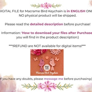 May include: Image of a digital file for a macrame bird keychain. The image includes a PDF logo and the text "Macrame Bird Keychain". The image also shows examples of the macrame bird keychain.