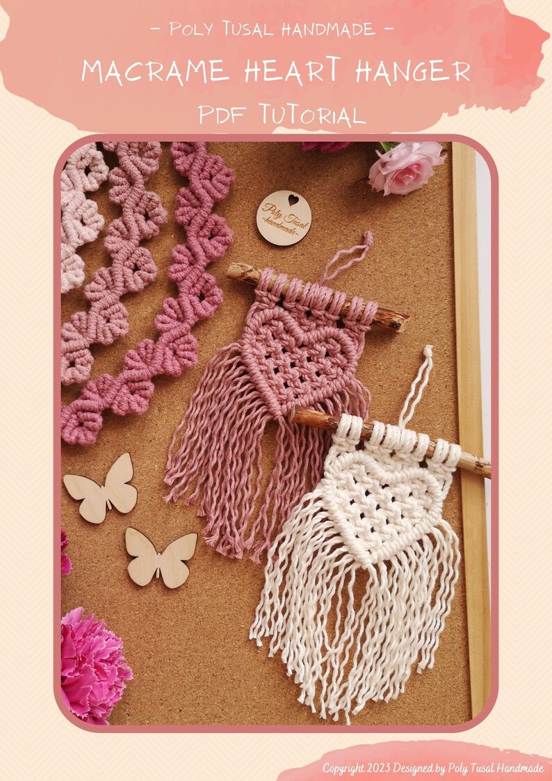 Tutorial PDF Macrame Heart Hanger Valentines Pattern Wedding love decoration DIY Car charm Poly Tusal Step by step digital guide image 6