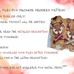 May include: Digital download pattern for a macrame reindeer ornament. The pattern is in English. The image shows two finished reindeer ornaments on a cork board with a snowflake and stars.