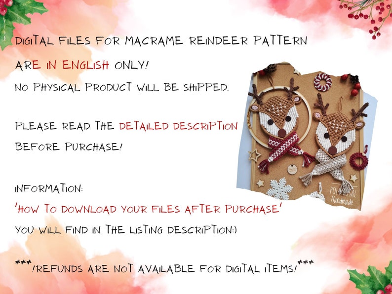 May include: Digital download pattern for a macrame reindeer ornament. The pattern is in English. The image shows two finished reindeer ornaments on a cork board with a snowflake and stars.