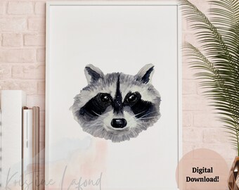 Arte de pared con diseño de mapache del bosque, decoración del hogar, habitación infantil, acuarela, descarga instantánea imprimible