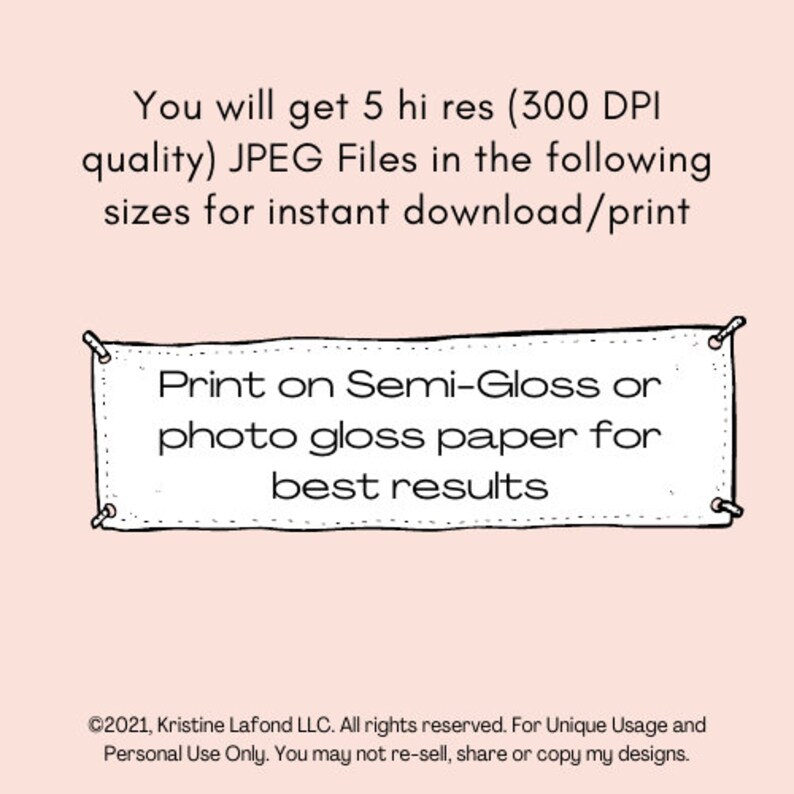 Puede incluir: Anuncio de impresi&oacute;n de arte digital sobre un fondo rosa claro. El texto dice: "Obtendr&aacute;s 5 archivos JPEG de alta resoluci&oacute;n (300 DPI) en los siguientes tama&ntilde;os para descarga/impresi&oacute;n instant&aacute;nea". Una pancarta dice: "Imprime en papel semibrillante o fotogr&aacute;fico brillante para obtener los mejores resultados".